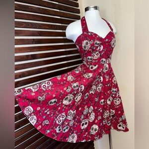 Y2K Hell Bunny Vintage Red Sugar Skull Floral Rockabilly Halter Dress Pockets
